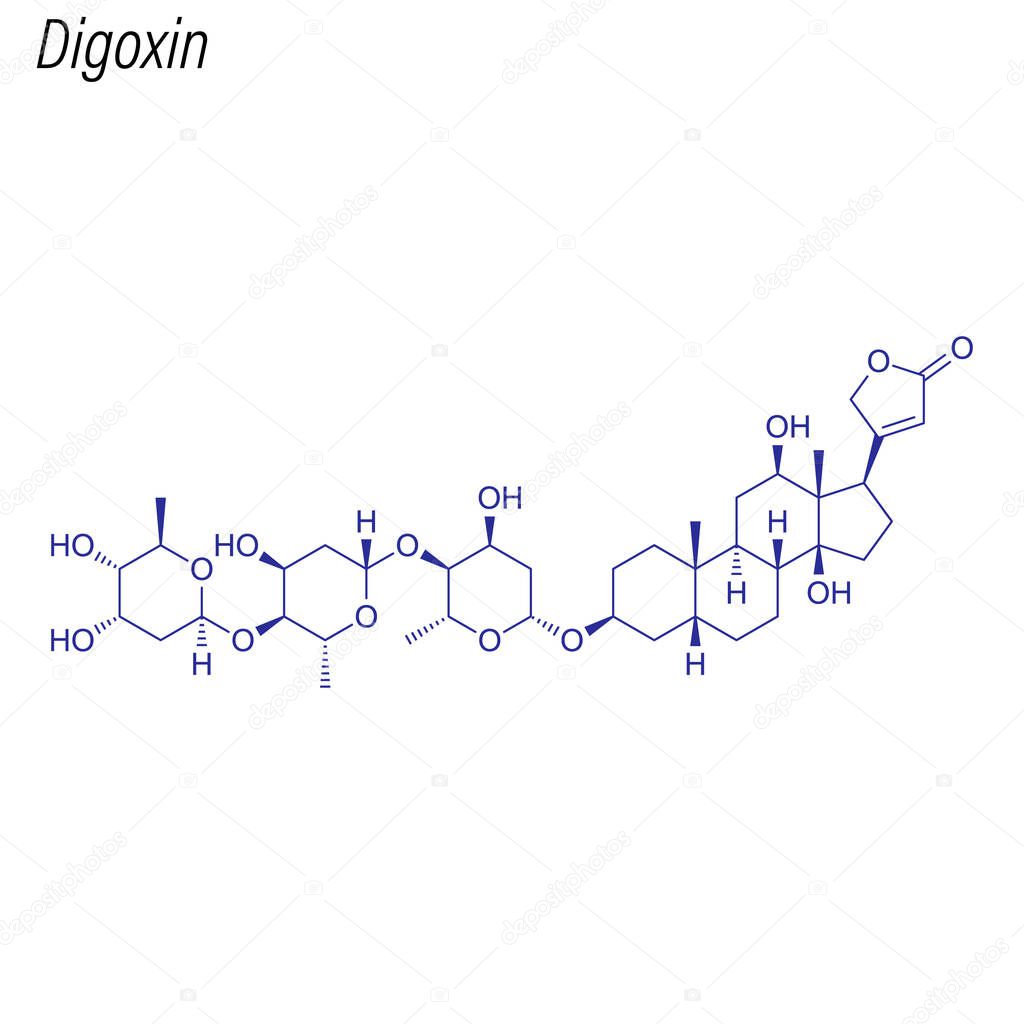 Skeletal formula of Digoxin. Drug chemical molecule.