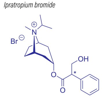 Ipratropium bromidin iskelet formülü. Uyuşturucu kimyasal molekülü.