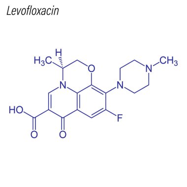 Levofloxacin 'in iskelet formülü. Uyuşturucu kimyasal molekülü.
