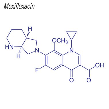 Moxifloxacin 'in iskelet formülü. Uyuşturucu kimyasal molekülü.