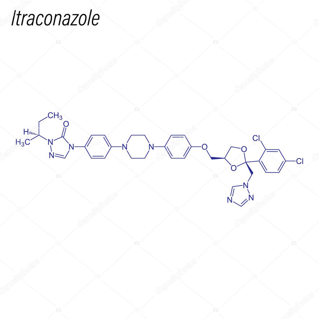 Skeletal formula of Itraconazole. Drug chemical molecule.