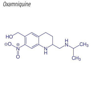 Oxamniquine 'in iskelet formülü. Uyuşturucu kimyasal molekülü.