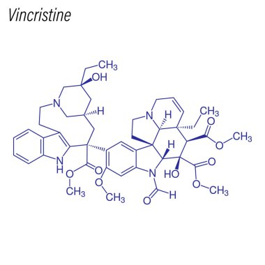 Vincristine 'in iskelet formülü. Uyuşturucu kimyasal molekülü.
