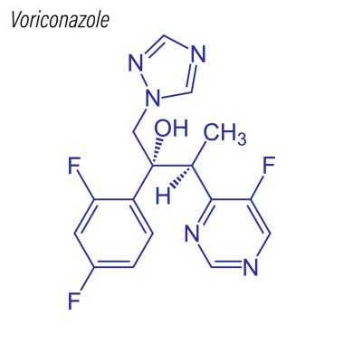 Voriconazole 'un iskelet formülü. Uyuşturucu kimyasal molekülü.