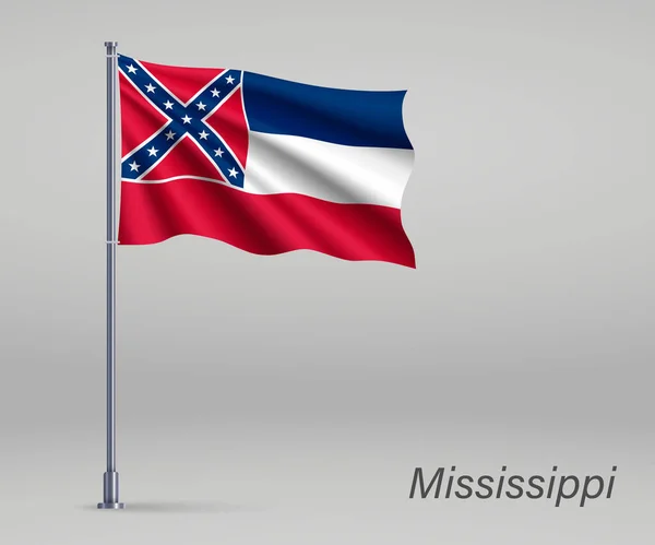 Drapeau Agitant Mississippi État Des États Unis Sur Mât Drapeau — Image vectorielle