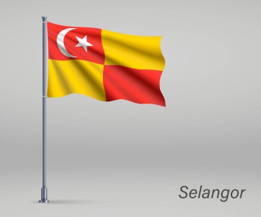 Selangor bayrağı sallıyor. Bayrak direğinde Malezya eyaleti. Bağımsızlık Günü afişi