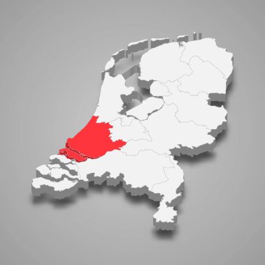 Hollanda 'nın 3d izometrik haritasındaki Güney Hollanda bölgesi