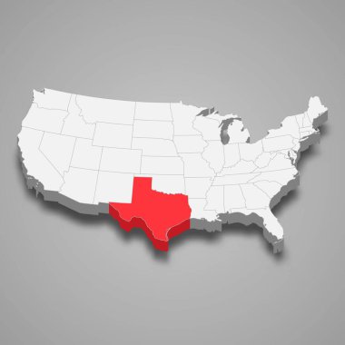 Teksas, Birleşik Devletler 'in 3d izometrik haritasında yer almaktadır.