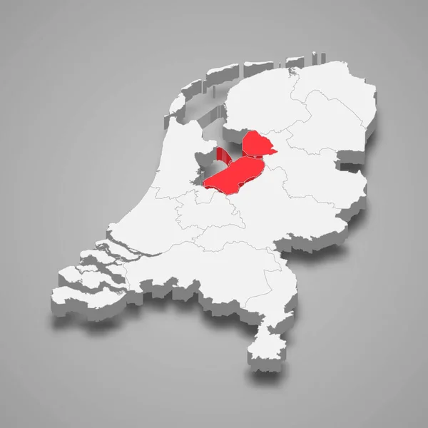 オランダ内のフレヴォラント州の位置 3Dアイソメトリックマップ — ストックベクタ