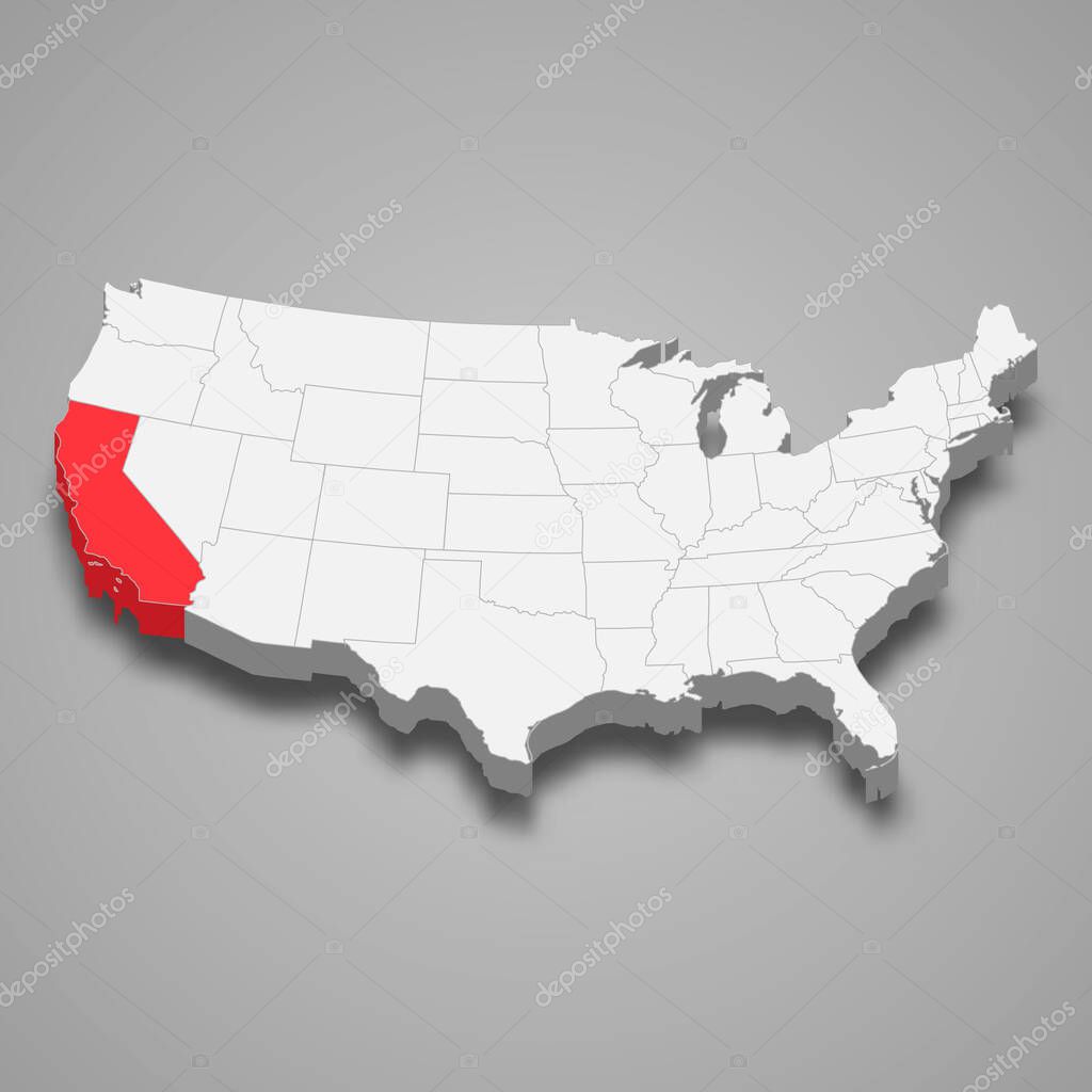 California state location within United States 3d isometric map
