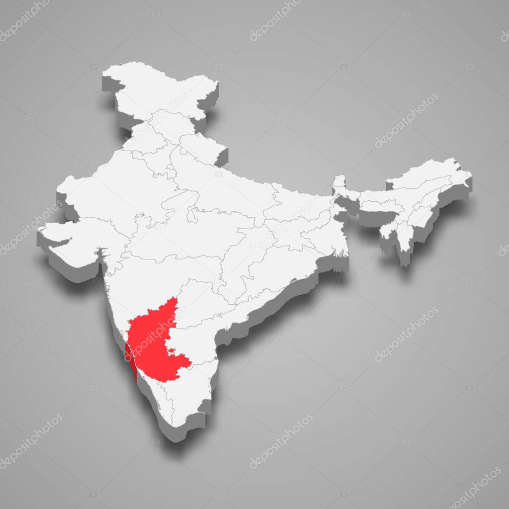 Karnataka state location within India 3d isometric map