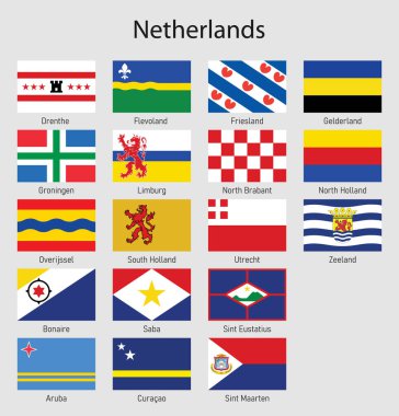 Hollanda 'nın tüm vilayetlerinin bayraklarını yerleştirin, tüm Hollanda bölgelerinin bayrak koleksiyonu