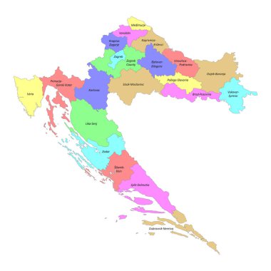 Bölgelerin sınırlarıyla birlikte Hırvatistan 'ın yüksek kaliteli etiketli haritası