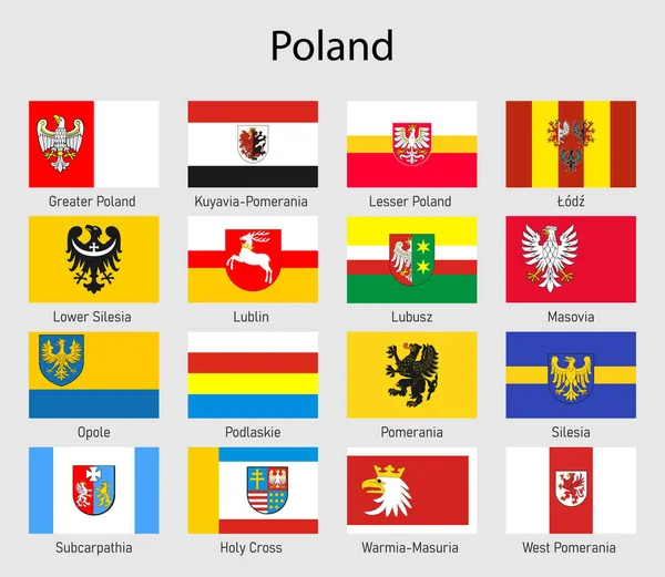 Conjunto Bandeiras Das Voivodias Polônia Todas Regiões Polonesas Bandeira Coleção — Vetor de Stock