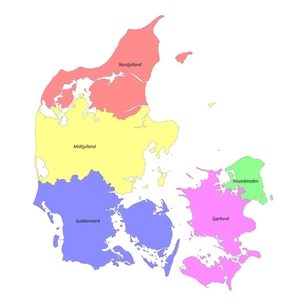 Bölgelerin Sınırlarıyla Birlikte Danimarka Nın Yüksek Kaliteli Etiketli Haritası — Stok Vektör