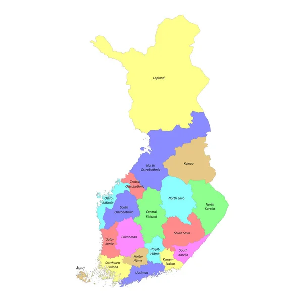 フィンランドの高品質なカラフルなラベル付き地図と地域の国境 — ストックベクタ