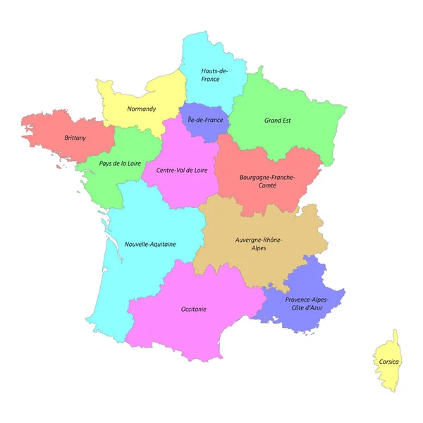 Vysoce Kvalitní Barevně Značená Mapa Francie Okraji Regionů — Stockový vektor