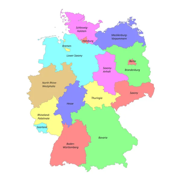 Mapa Etiquetado Colorido Alta Calidad Alemania Con Fronteras Las Regiones — Vector de stock