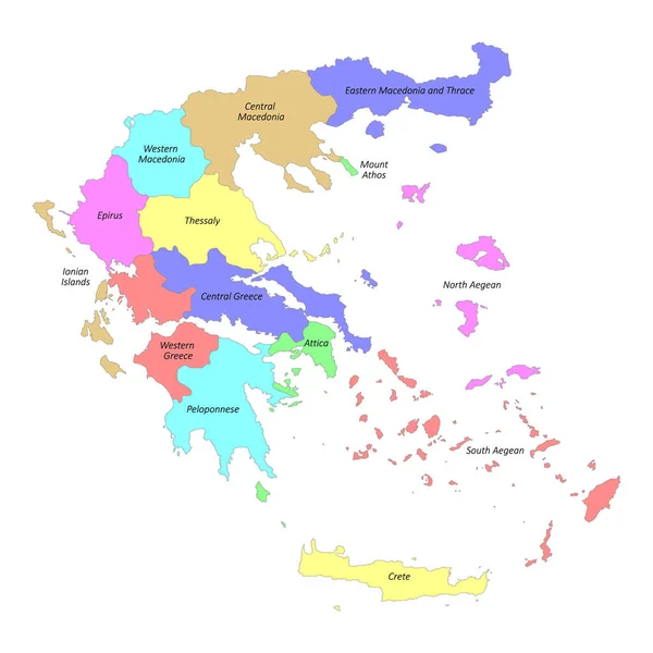 Mapa Colorido Etiquetado Alta Qualidade Greece Com Bordas Das Regiões — Vetor de Stock