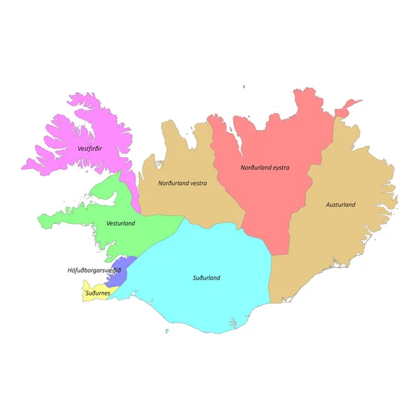 Mapa Etiquetado Colorido Alta Calidad Islandia Con Fronteras Las Regiones — Archivo Imágenes Vectoriales