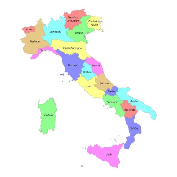 地域の境界線とイタリアの高品質のカラフルなラベル付き地図 — ストックベクタ