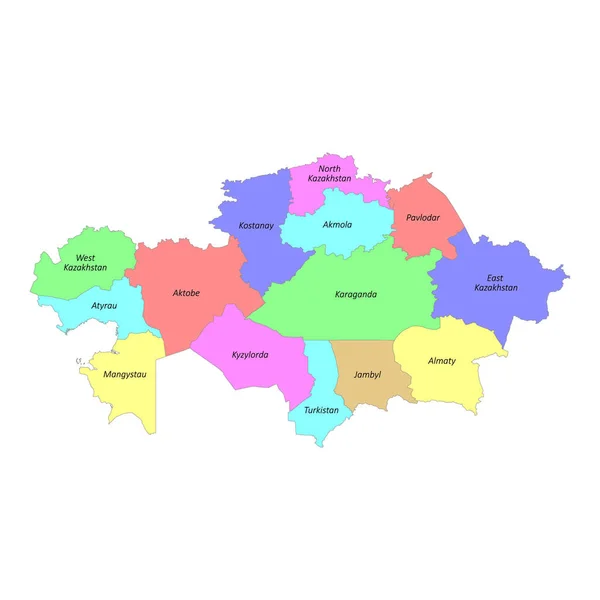 Bölgelerin Sınırlarıyla Birlikte Kazakistan Yüksek Kaliteli Etiketli Haritası — Stok Vektör