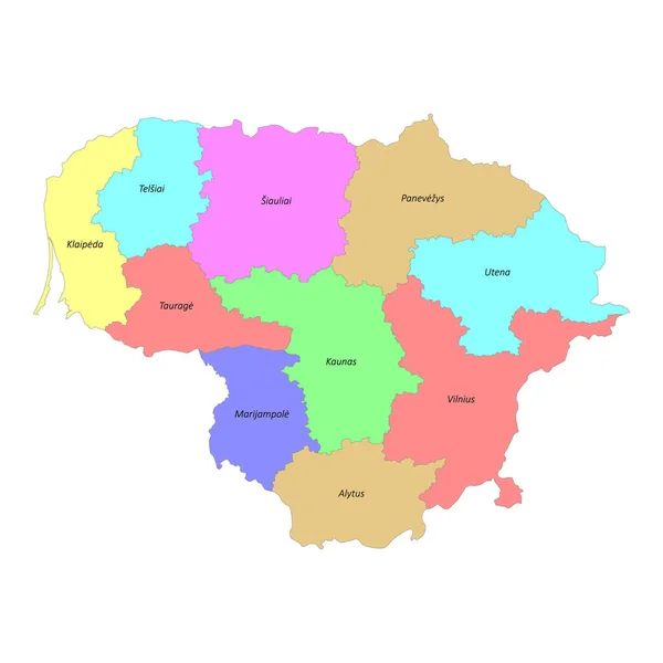 Kwalitatief Hoogwaardige Kleurrijke Kaart Van Litouwen Met Grenzen Van Regio — Stockvector