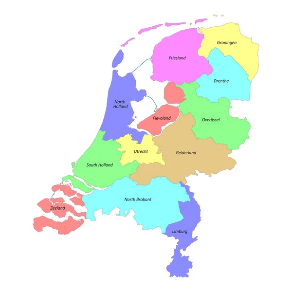 Hoogwaardige Kleurrijke Plattegrond Van Nederland Met Grenzen Van Provincies — Stockvector