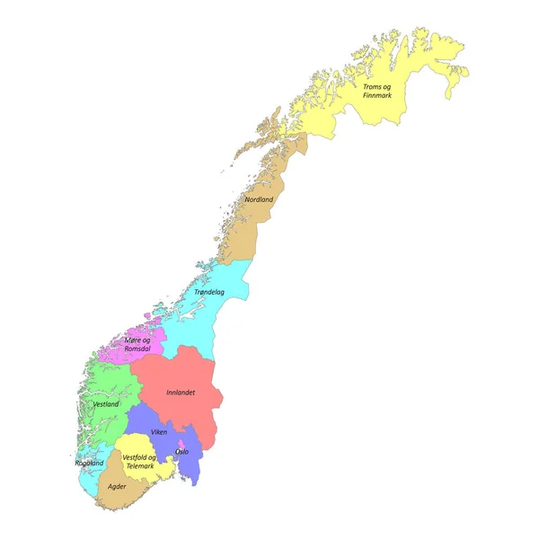 ノルウェーの高品質なカラフルなラベル付き地図と地域の国境 — ストックベクタ
