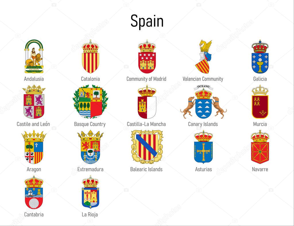 Coat of arms of the communities of Spain, All Spanish regions emblem collection