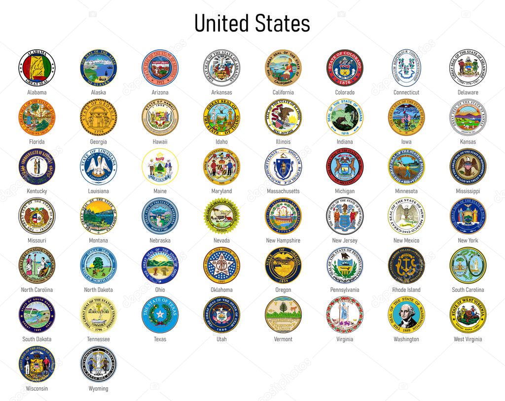 Coat of arms of the states of United States, All USA regions emblem collection