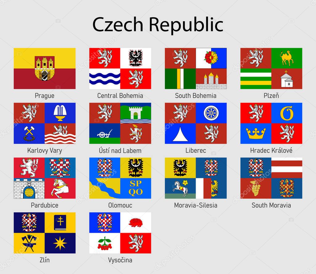 Set Flags of the provinces of Czech Republic. All Czechia regions flag collection