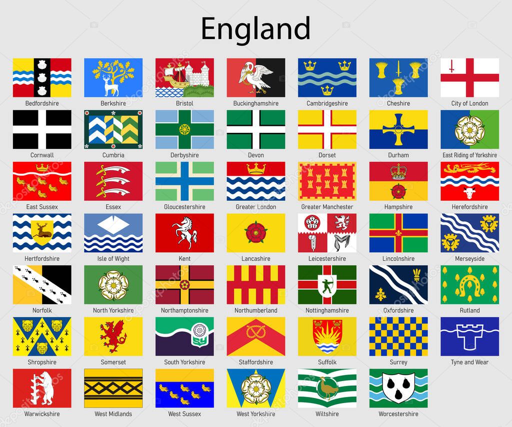 Set Flags of the counties of England, All English regions flag collection
