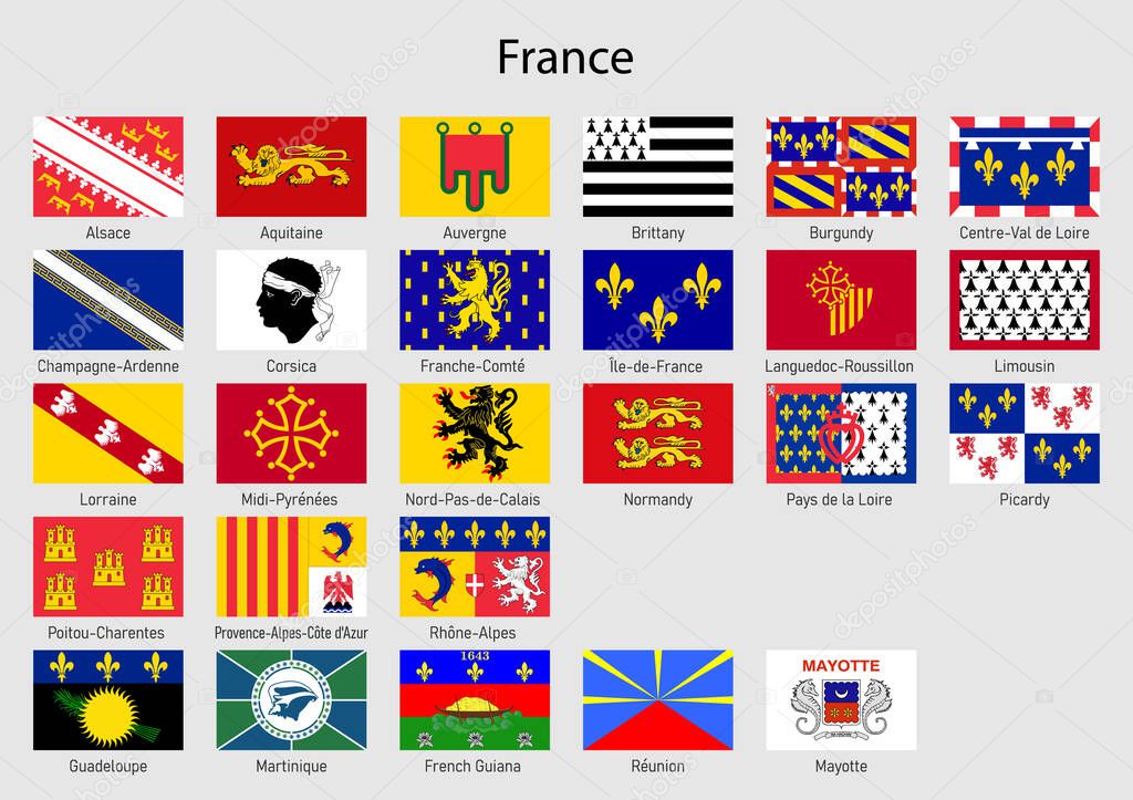 Set Flags of the province of France, All French regions flag collection