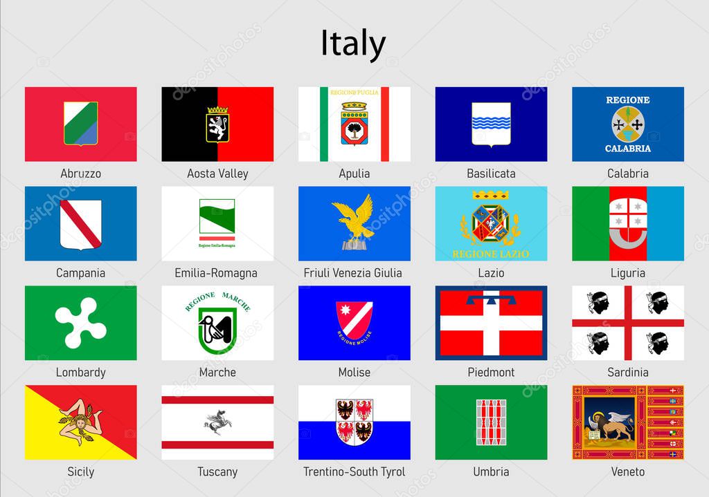 Set Flags of the states of Italy, All Italian regions flag collection