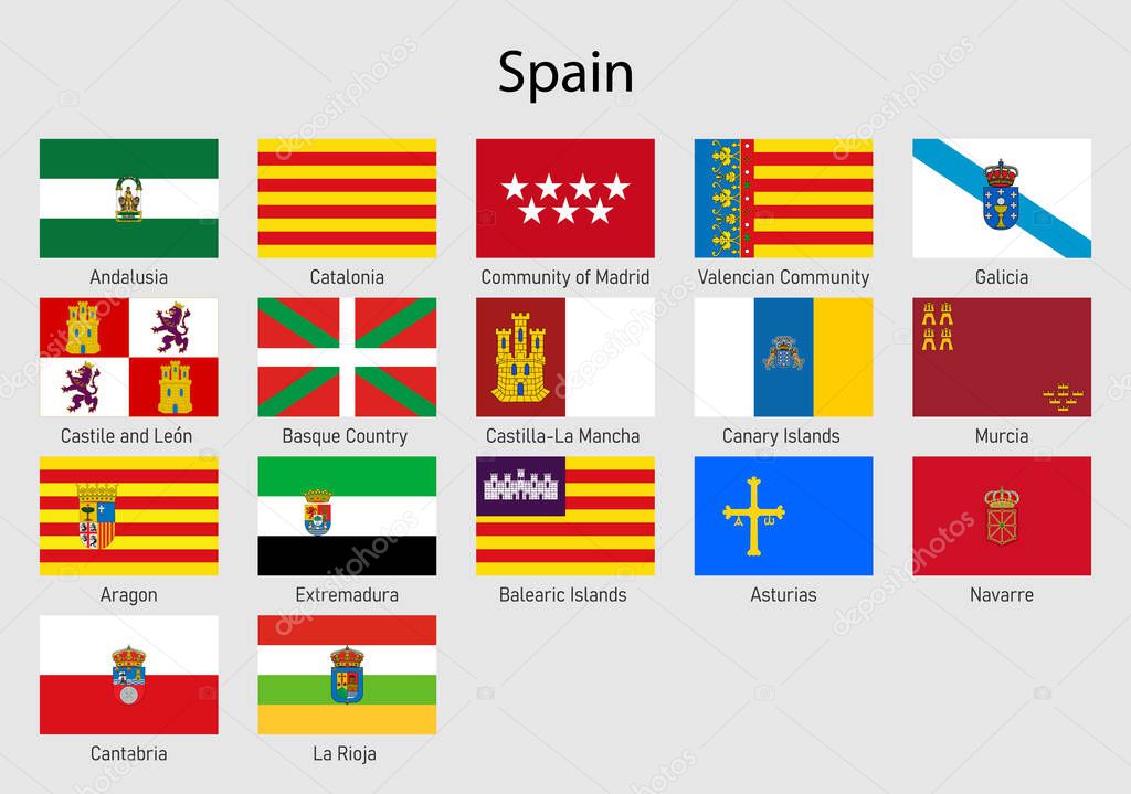 Set Flags of the communities of Spain, All Spanish regions flag collection