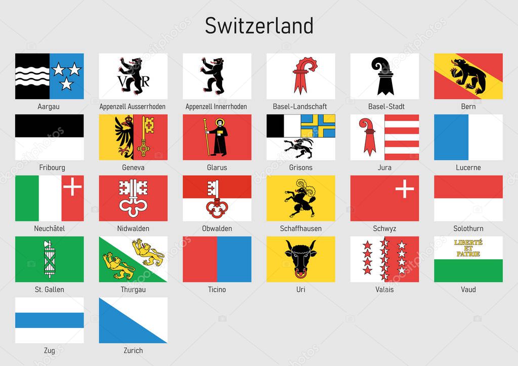 Set Flags of the cantons of Switzerland, All Swiss regions flag collection