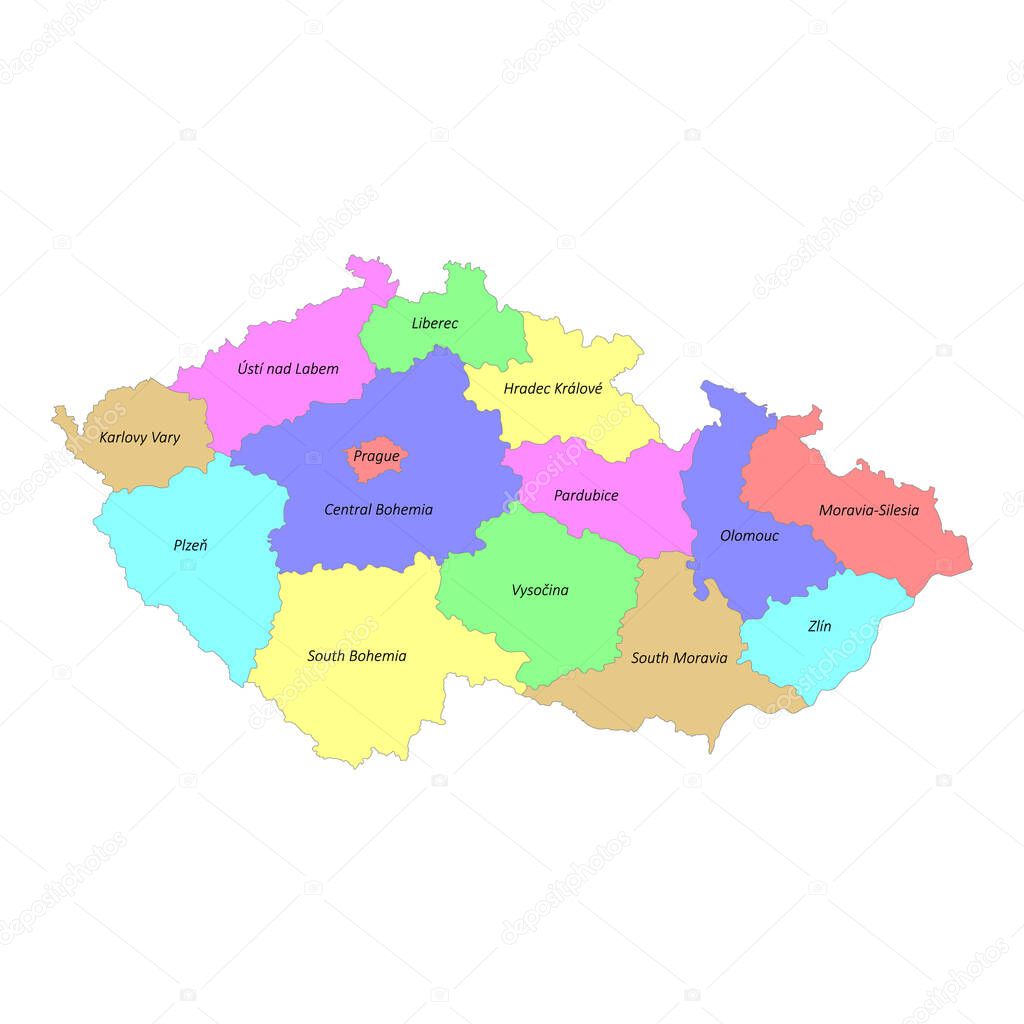 High quality colorful labeled map of Czech republic with borders of the regions