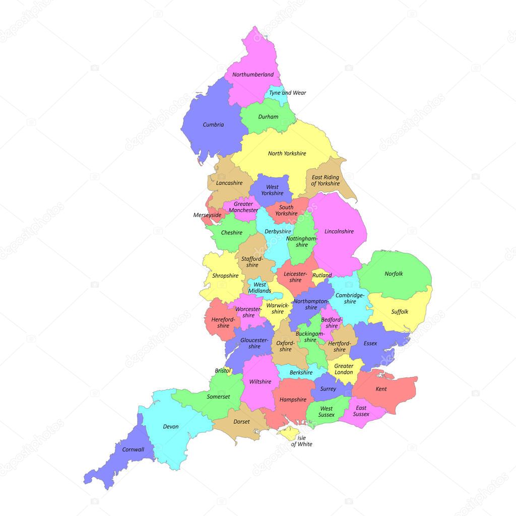 High quality colorful labeled map of England with borders of the counties