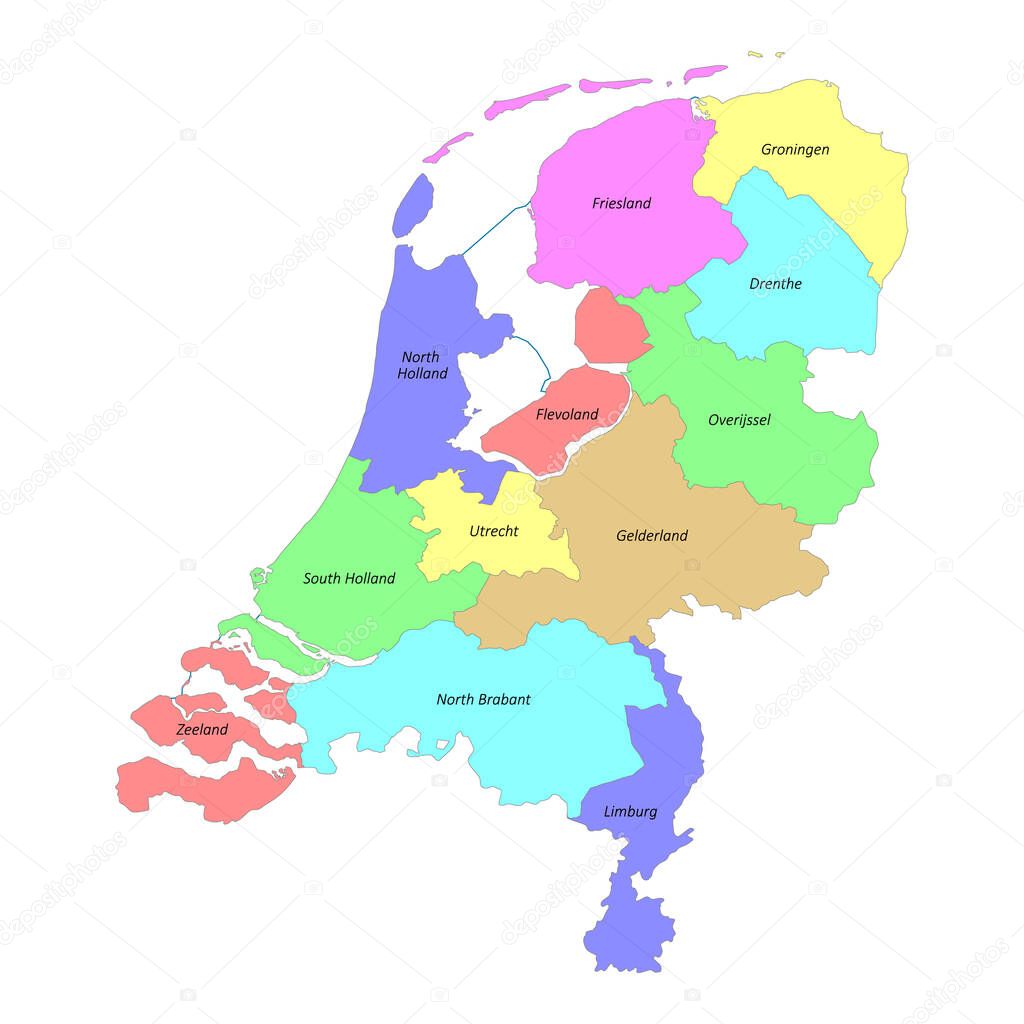 High quality colorful labeled map of Netherlands with borders of the provinces