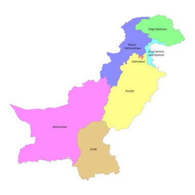 Pakistan 'ın vilayet sınırları ile işaretlenmiş yüksek kaliteli renkli haritası