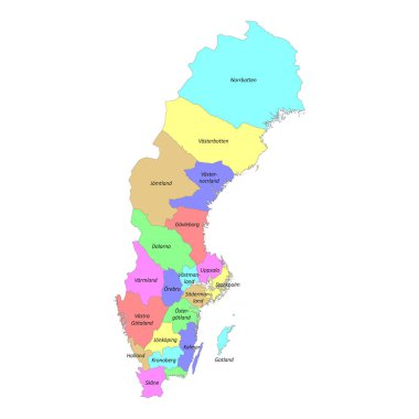 Bölgelerin sınırlarıyla birlikte İsveç 'in yüksek kaliteli etiketli haritası