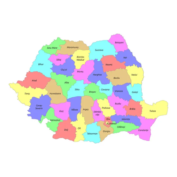 Románia Kiváló Minőségű Színes Címkével Ellátott Térképe Régiók Határaival — Stock Vector