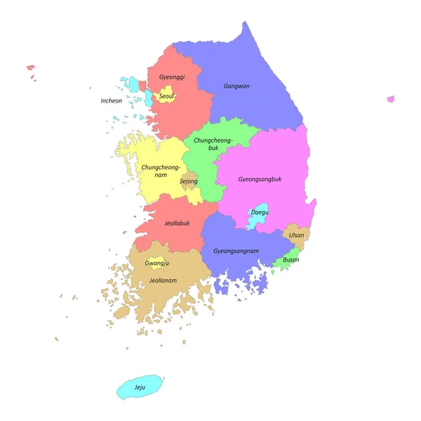 地域の境界線と韓国の高品質のカラフルなラベル付き地図 — ストックベクタ