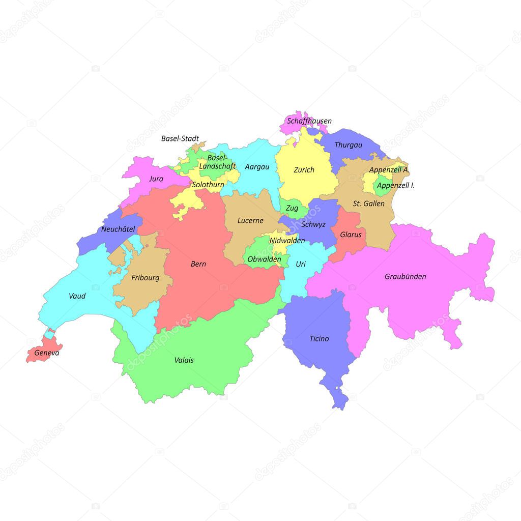 High quality colorful labeled map of Switzerland with borders of the cantons