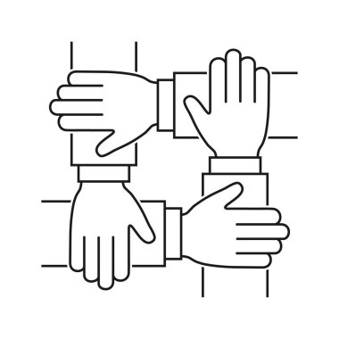 Beyaz arkaplanda eller bir arada çizgi simgesi, vektör takım çalışması işareti