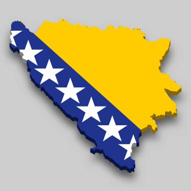 Bosna 'nın ulusal bayraklı 3 boyutlu izometrik haritası. Vektör İllüstrasyonu.