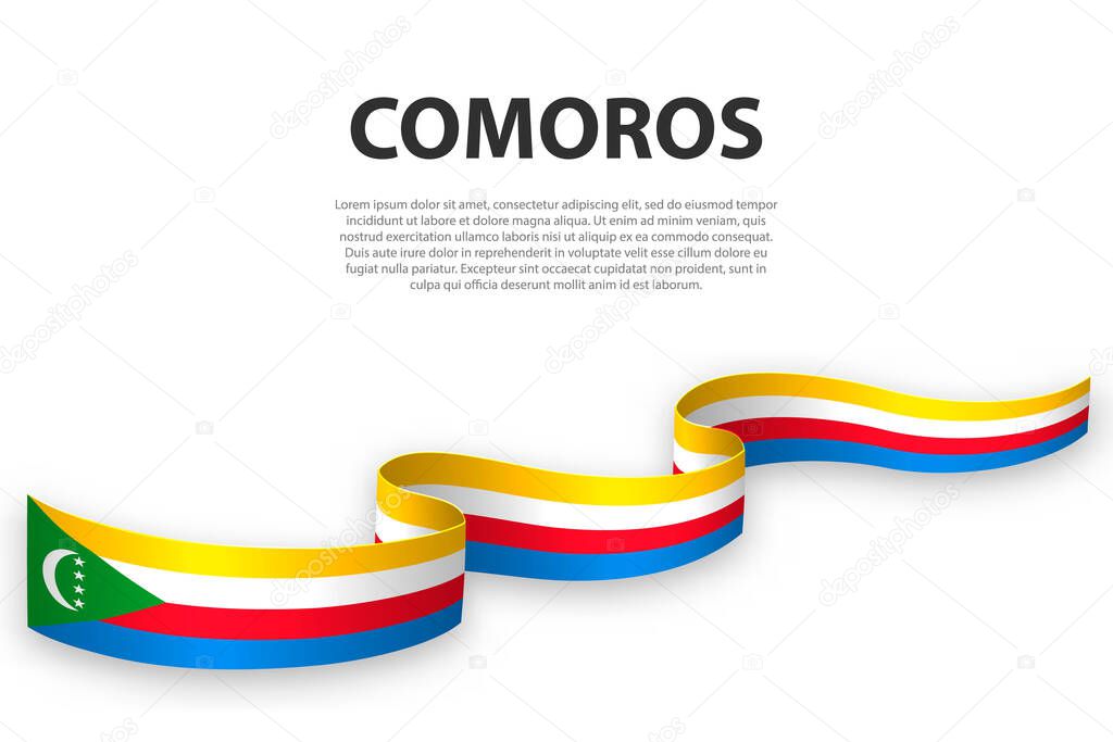 Waving ribbon or banner with flag of Comoros. Template for independence day poster design