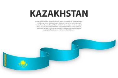 Kazakistan bayrağıyla kurdele ya da bayrak sallıyor. Bağımsızlık Günü poster tasarımı için şablon