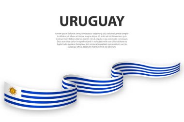 Uruguay bayrağıyla kurdele ya da bayrak sallıyor. Bağımsızlık Günü poster tasarımı için şablon